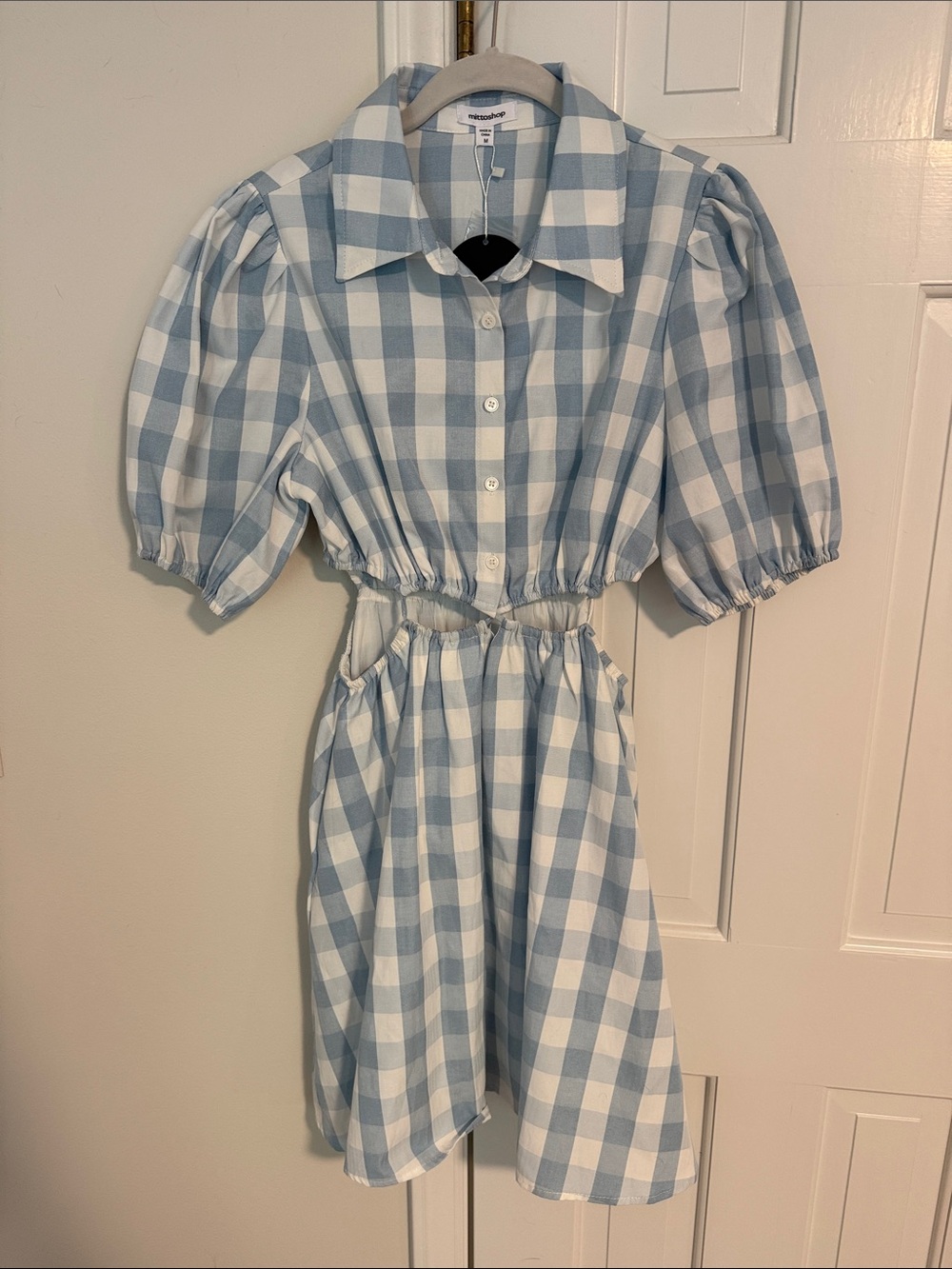 Mittoshop Light Blue & White Gingham Dress with Puff Sleeves